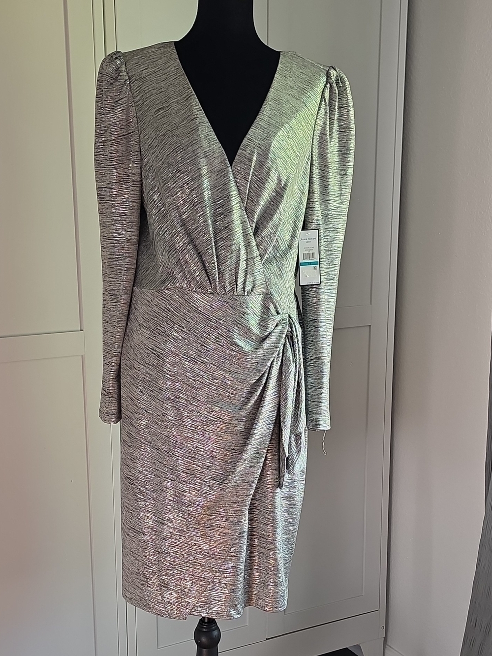 Jessica Howard Silver Metallic Wrap Dress with Tie Waist